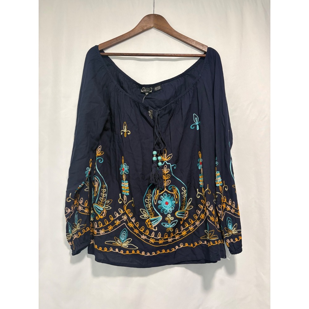 NWT Ananda's Collection Navy Embroidered Boho Peasant Blouse Free Size Rayon